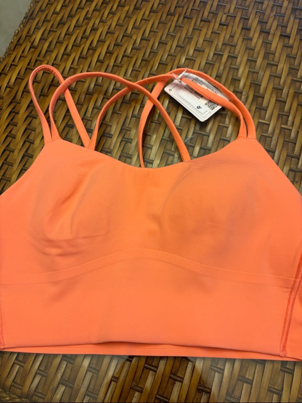 lululemon athletica Coral-Orange Double-Strap sports bra and Olive Green One